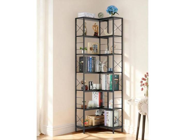 Etagère angle métal industriel 7 niveaux pieds réglables kit anti-dérapant noir salon bureau