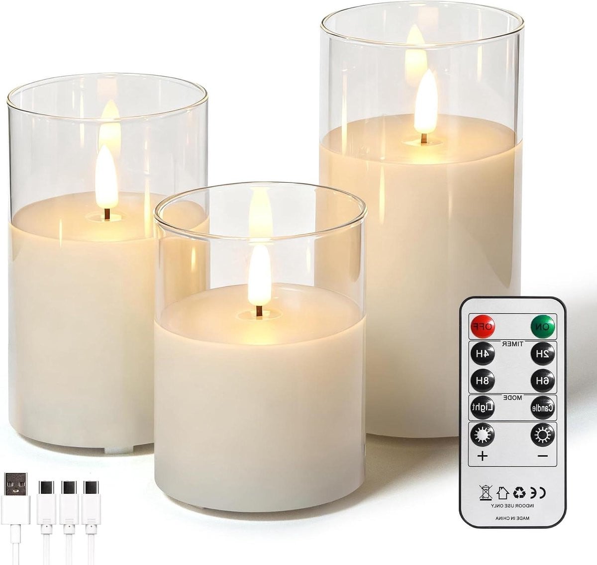Set van 3 witte LED kaarsen van echte was, oplaadbaar via USB