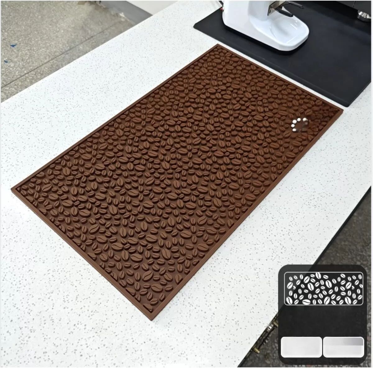 INF Kaffeebohnen Silikonmatte - Hitzebeständiger Arbeitsflächenschutz, Rutschfeste Kaffee Bar Abtropfmatte 60x35cm