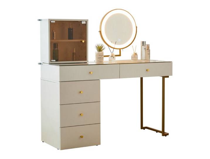 Coiffeuse - Coiffeuse avec miroir LED - Miroir LED 3 couleurs dimmable - 5 tiroirs - Bordure dorée blanc