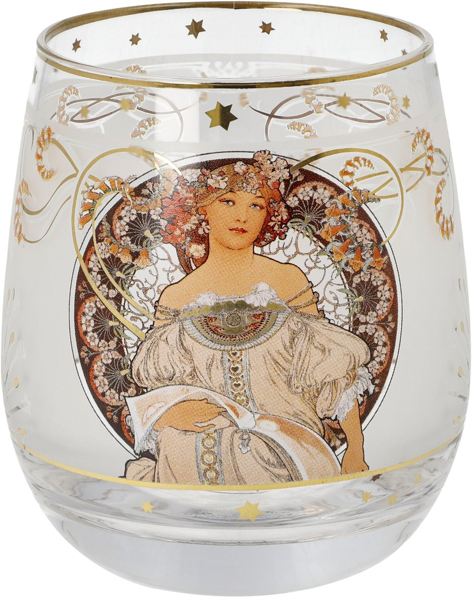 Goebel Alphonse Mucha Windlicht Mijmering - Glazen waxinelichthouder met echt goud - Diameter: 9 cm