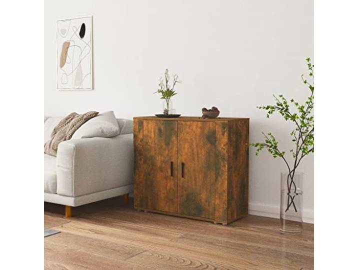HEFZGDB Langlebiges Sideboard mit Stabiler Oberplatte aus Holzwerkstoff in Räuchereiche, Sideboard mit Wandhalterung gegen Umkippen, bietet viel Stauraum mit Türen und Fächern zur