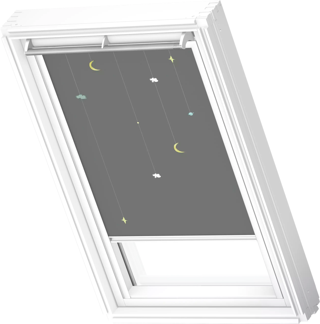 Verdunklungsrollo VELUX "DKL 4665SWL, Motiv: Kids Mobile", weiß (kids mobile, weiß), F04, stufenlos positionierbar, Polyester, Rollos, Verdunklungsrollo, weiße Führungsschienen & Griffleiste
