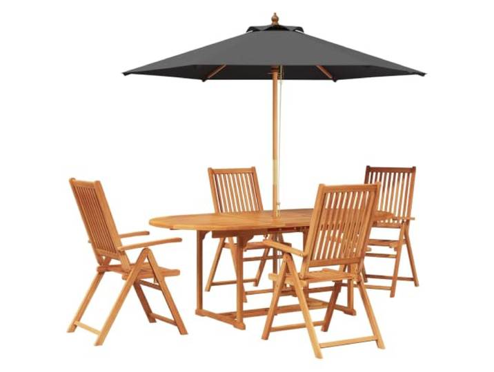 KTHLBRH Outdoor-Lunch-Set aus Akazienholz mit Sonnenschirm, 6-teilig Geöltes Massivholz, ausziehbarer Tisch, Liegestühle, verstellbarer UV-Sonnenschirm, Garten Terrasse