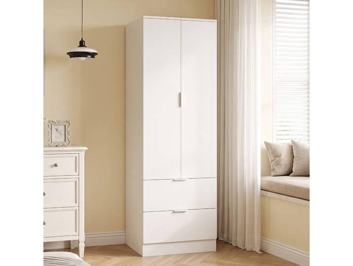HOMCOM Armoire Blanche 2 Portes 2 Tiroirs 60x47x180cm Chambre