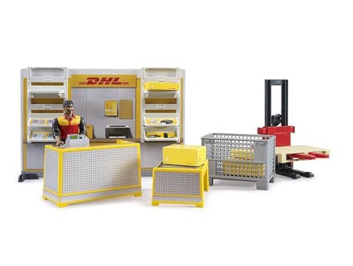 bruder 62251 - bworld DHL Paketshop inclusief DHL medewerker, pakketdienst, logistiek, verzending
