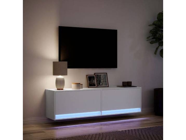 NEUF Armoire TV - Blanc - Meuble TV/HIFI - Montage mural - avec lumières LED - blanc 140x31x38 cm TT2532