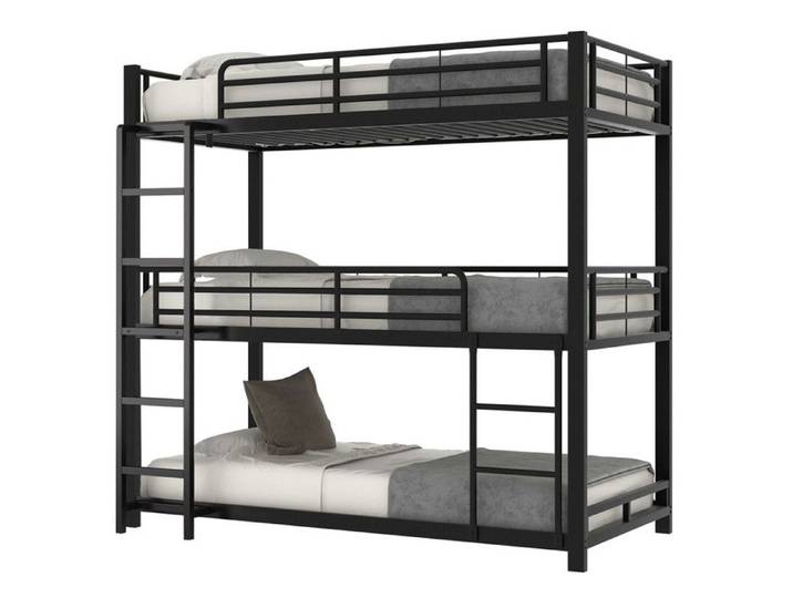 Lit Superposé Triple Noir 90x200cm lit en Métal Moderne Lit Mezzanine 3 Places 3 Niveaux Idéal pour Enfants Adolescents et