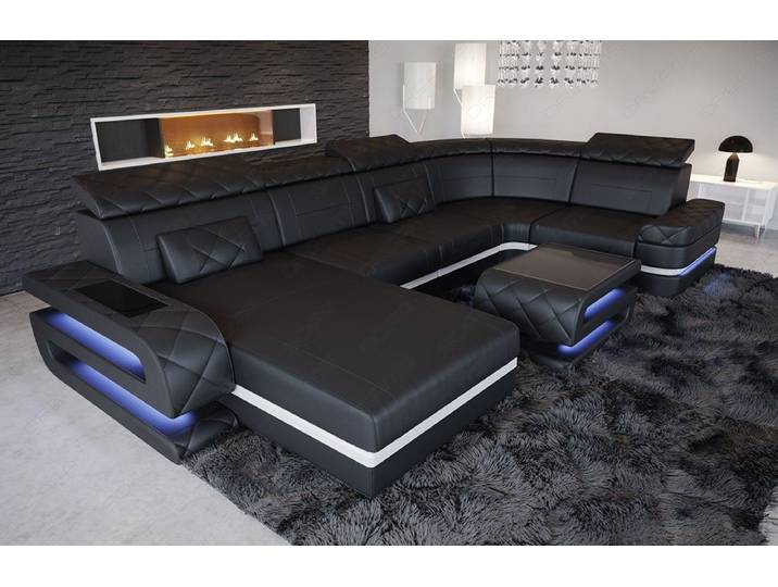 Sofa Dreams Wohnlandschaft Bologna U Form Leder, 6-Sitzer, Couch, opt. Schlaffunktion, Kopfstützen, Farbwechsel-LED