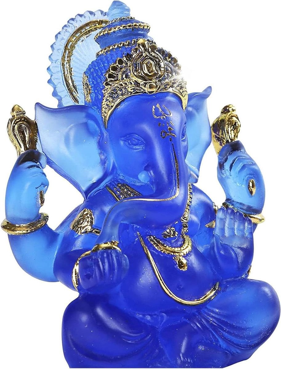 Blauw Ganesha Olifant God Beeld - Decoratief Standbeeld in Imitatieglas Techniek - Hoogte: 17,78 cm