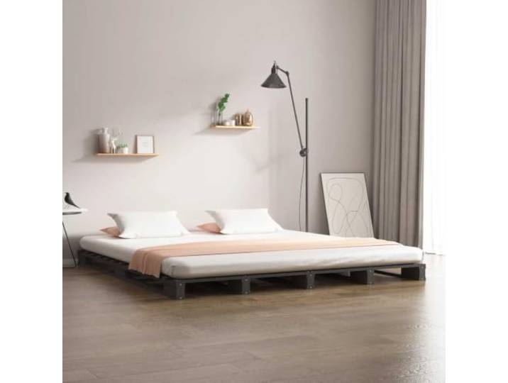 RJPLMFV Palettenbett, Massivholz, 120 x 200 cm, Grau Lattenrost inklusive, rustikales Kiefernholz, stabiler Rahmen, ohne Matratze