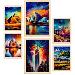 POSTER Set Mit 6 Erhöht Im Ölgemälde Stil A3 & A4 Rahmen Aus Hellem Holz