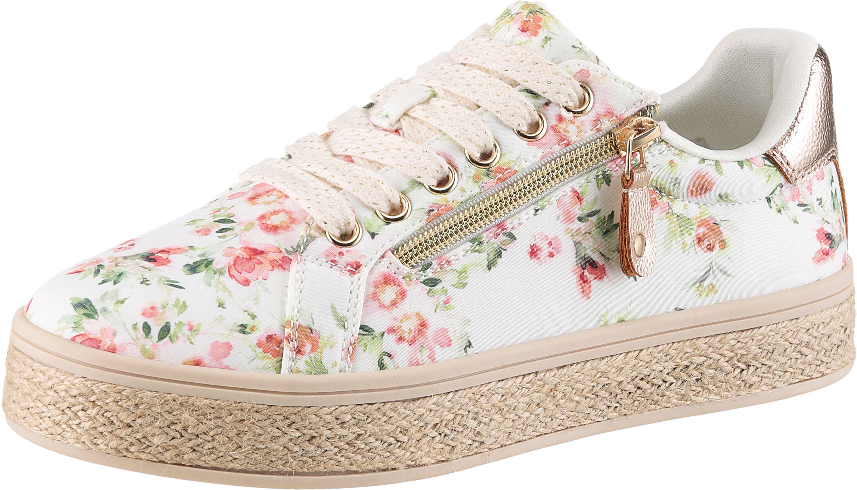 Plateausneaker ANISTON SHOES, Damen, Gr. 37, Textil, bunt (weiß geblümt), Lederimitat, Textil, geblümt, Schuhe Plateausneaker, Sneaker, Schnürschuh mit bunten Metallic-Besatz