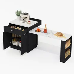 Kücheninsel 89x211x48 cm mit ausziehbarem Esstisch, Steckdosen, USB und Stauraum – Platzsparend und multifunktional, Schwarz MDF