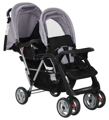 Geschwisterwagen Geschwisterwagen Zusammenklappbar Geschwisterkinderwagen Doppelkinderwagen Kinderwagen Zwillingswagen Zwillingsbuggy Stahl Grau und Schwarz