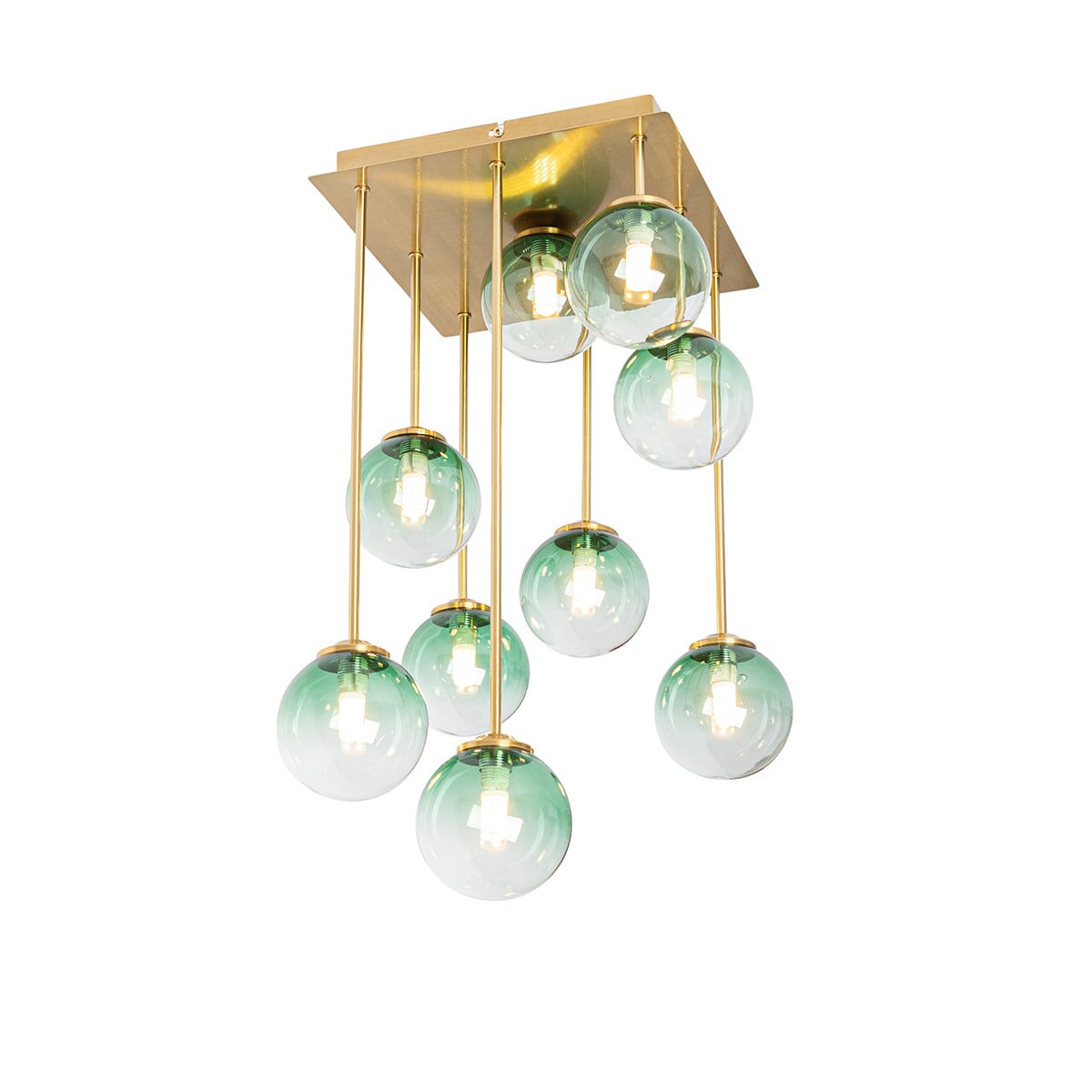 Qazqa Art Deco plafondlamp goud met groen glas, 9-lichts