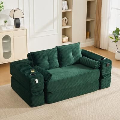 HOMEFUN Corduroy Upholstered 2-3 Seats Thick Back Support Convertible Sofa Bed With Minimalist Design
