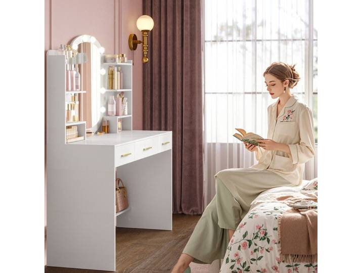 108 cm Coiffeuse avec Miroir Ovale Blanc