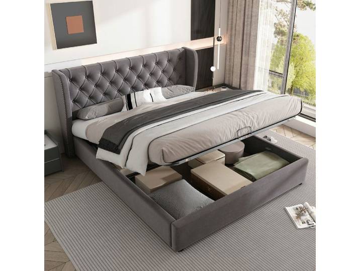Lit coffre - VVBV - Chesterfield - 140x190 cm - Velours gris - Coffre hydraulique