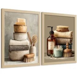 POSTER 2er-Set dekorative Badezimmer-Wandbilder und für Waschbecken, Dusche, WC mit Seifen, Handtüchern und Bürsten, Naturstil Leichter Holzrahmen A3