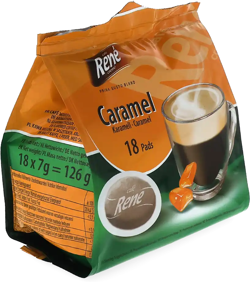 Café René   Caramel - 18 Dosettes de café pour Senseo - Café noir - Café Caramel - Compatible Senseo