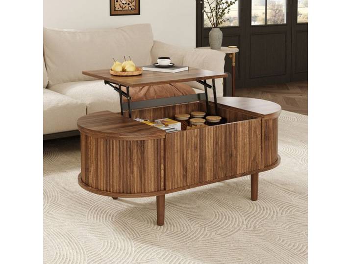 Table Basse ovale avec plateau relevable Rangement caché Style rétro Table basse de salon 100x48x53.5 cm Meuble de rangement