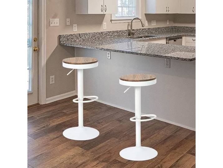 Tabouret de Bar en Bois et Cadre Métallique HSTURYZ - Lot de 2 Blanc Chêne - Réglable en Hauteur - Cuisine