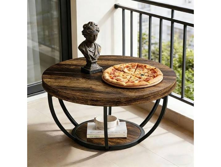 Table Basse Ronde BELLEMAVE - Table Basse en Bois à 2 étages - Base Métallique - Table de Salon - Ø80.49 x H43.99 cm - Bois Rustique