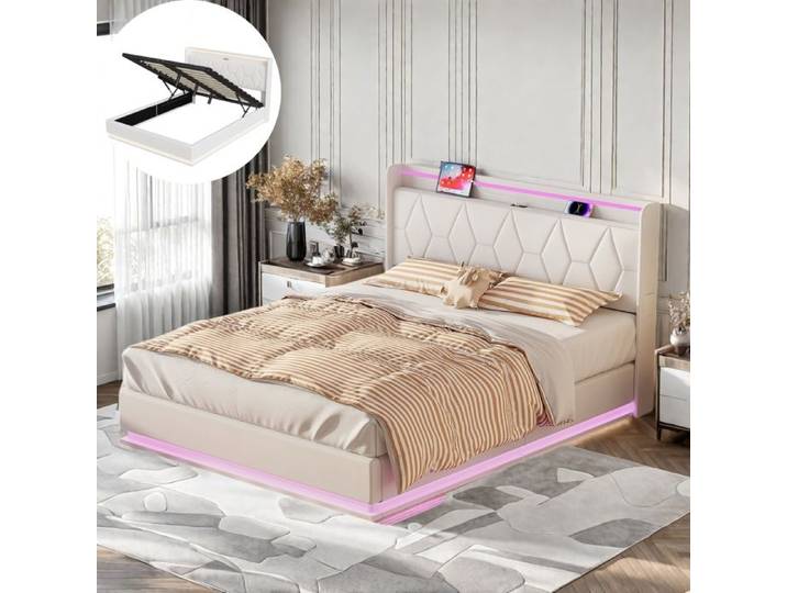 Lit coffre 140x200 lit double capitonné LED et USB design moderne velours blanc