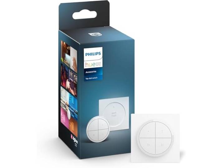 Philips Hue Tap Dial\, Interrupteur à Cadran Portatif\, 4 boutons\, Blanc Permet de Contrôler jusqu'à 3 Pièces\, Molette Variateur d'Intensité\, Installation Murale ou Magnétique\, Télécommande Portable