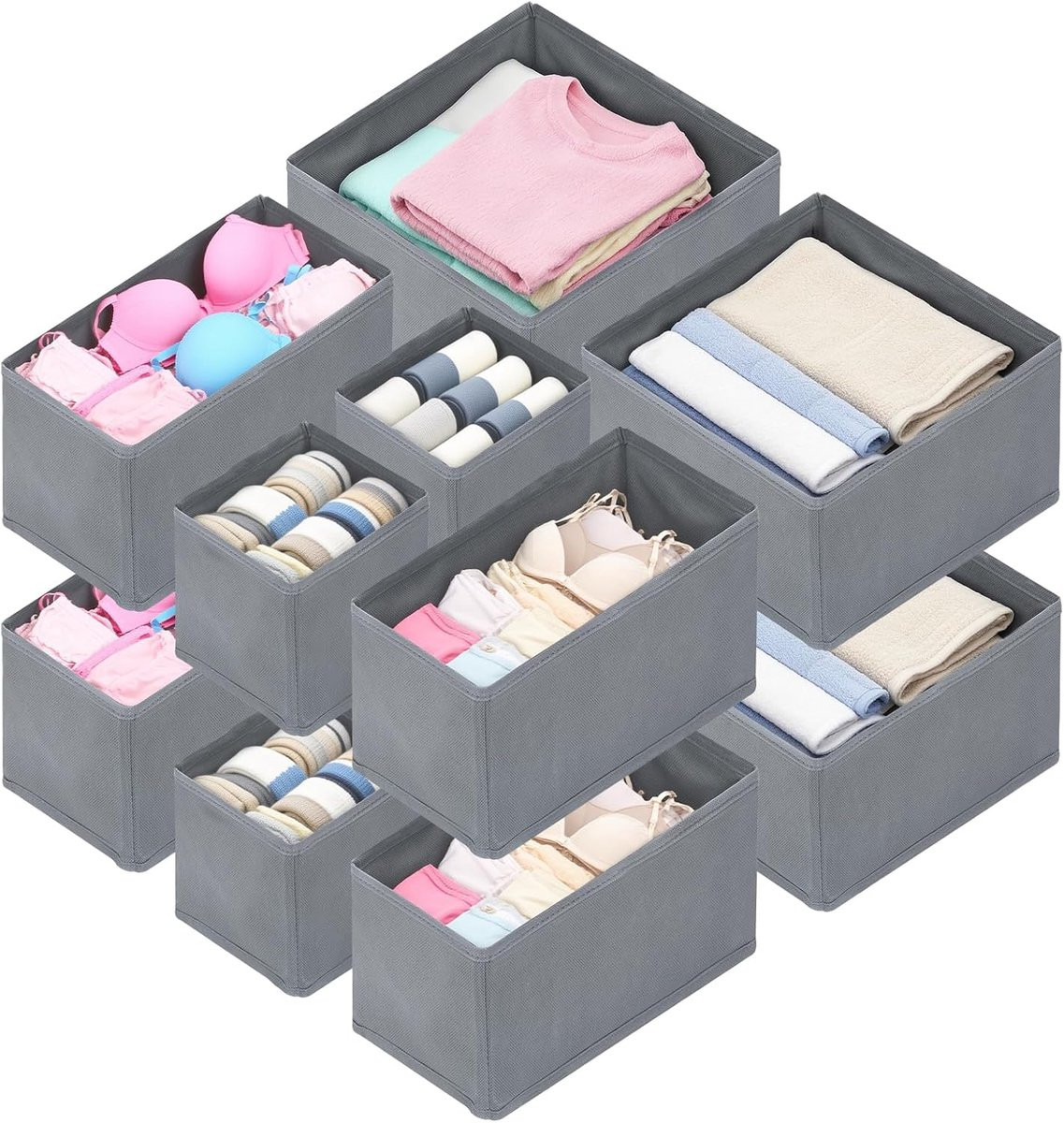 Set van 12 grijze opvouwbare lade-organizers voor ondergoed, sokken en kleding