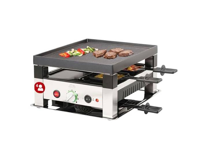 Solis Table Grill 7910 5 en 1 Appareil à raclette pour 4 personnes – Raclette + grill de table + wok + grill à pizza + crêpes – Barbecue électrique – 1020 W – Acier inoxydable