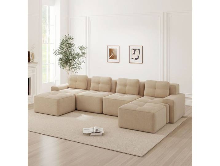 Canapé modulaire 4 places en velours côtelé beige sans montage