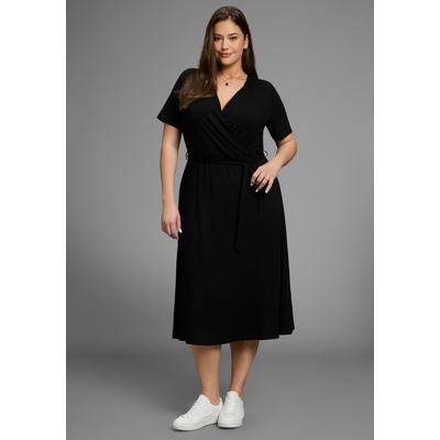 Midikleid LAURA SCOTT CURVE "Große Größen", Damen, Gr. 58, N-Gr, schwarz, Jersey, Obermaterial: 94% Viskose, 6% Elasthan, unifarben, Basic, A-Linie Midi, V-Ausschnitt, abgesteppt, Kleider Midikleid, Wickeloptik mit betonter Taille