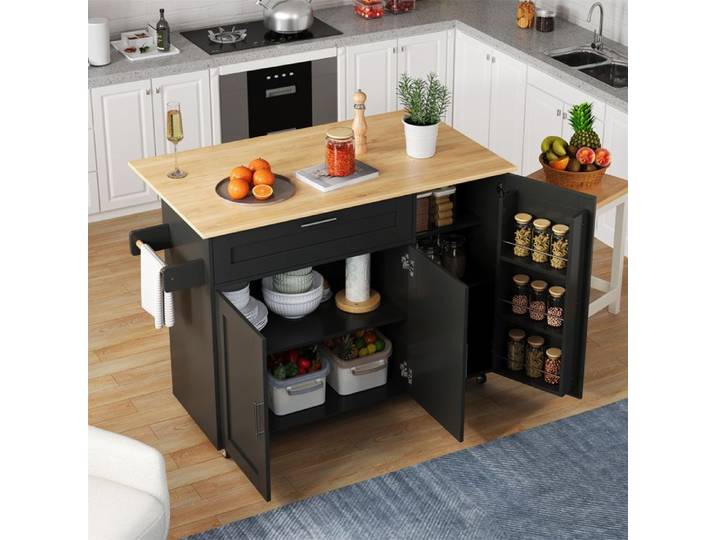Îlot de cuisine sur roulettes avec plan de travail rabattable effet chêne chariot de cuisine multifonction 132cm 5 roulettes