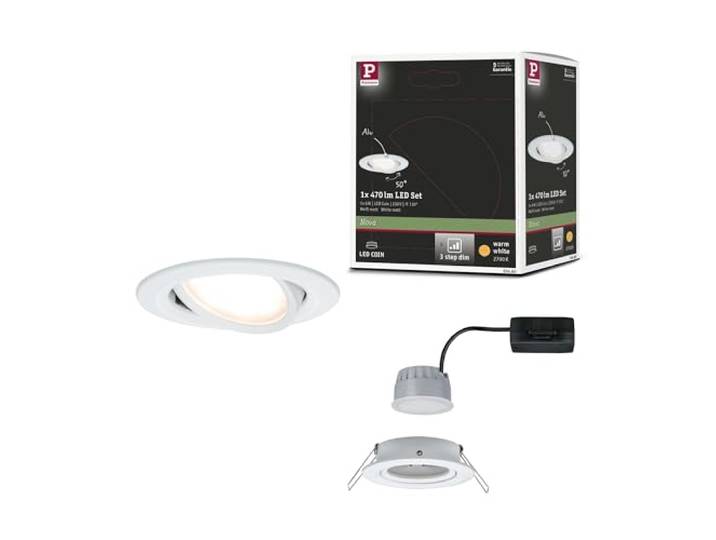 Paulmann 93484 Spots LED encastrés 3-Step-Dim Nova Coin orientable rond 84 mm 50° Coin 6W 470lm 230V dimmable 2700K blanc dépoli