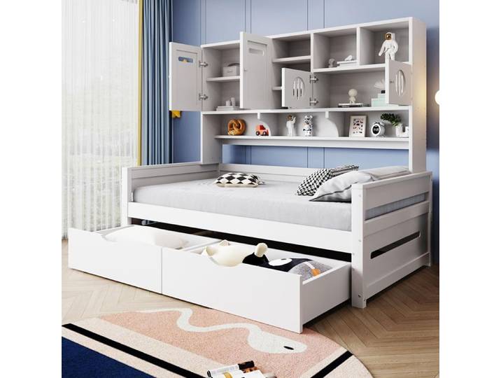 Lit 90×200 cm combiné blanc avec rangement multifonctionnel grand tiroir sommier à lattes