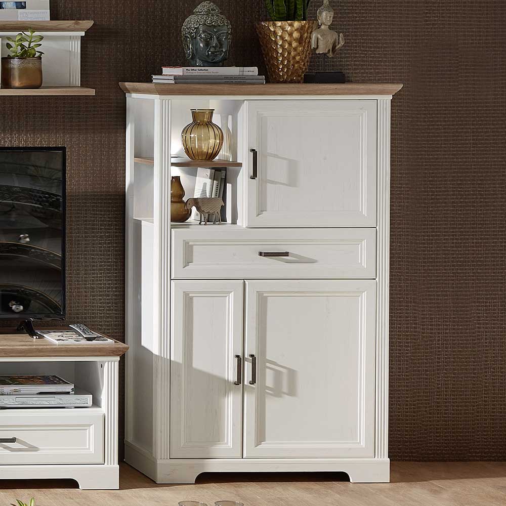 Pharao24.de Wohnzimmer Highboard in Weiß und Eichefarben LED Beleuchtung