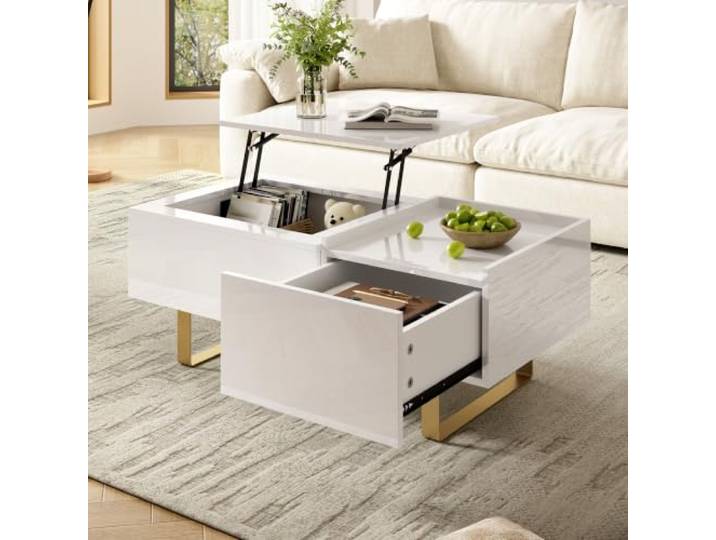 Aunvla Höhenverstellbarer Couchtisch, Stauraum-Couchtisch aus MDF mit Hochglanzoberfläche, mit Schublade und Eisenfüßen, moderner Wohnzimmertisch