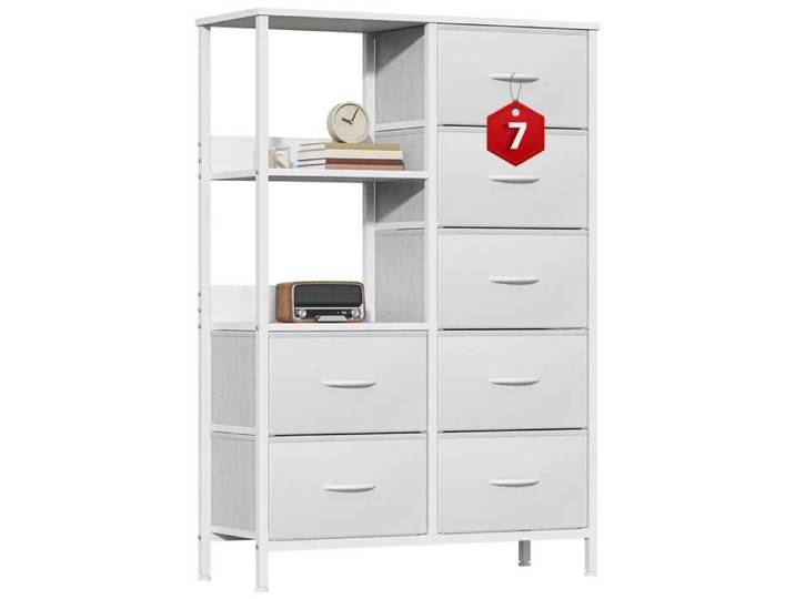Commode Haute Rangement 7 Tiroirs avec 2 Étagères Ouvertes Structure et Plateau Relief Blancs Pieds Réglables 80x30x116cm