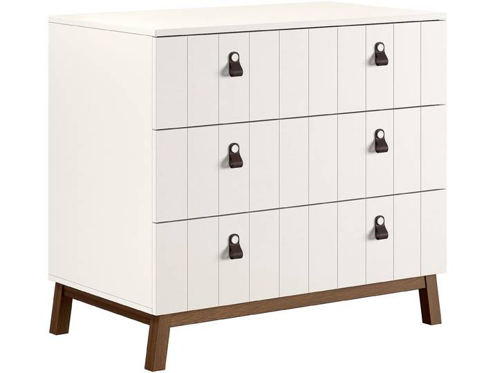 Vipack Kommode Sezane mit Front in Rillen-Optik und Griffschlaufen (3 große Schubladen mit Soft-Close, bieten viel Stauraum), MDF Clay farben lackiert, braune Griffschlaufe, Sockel nussbaumfarbig