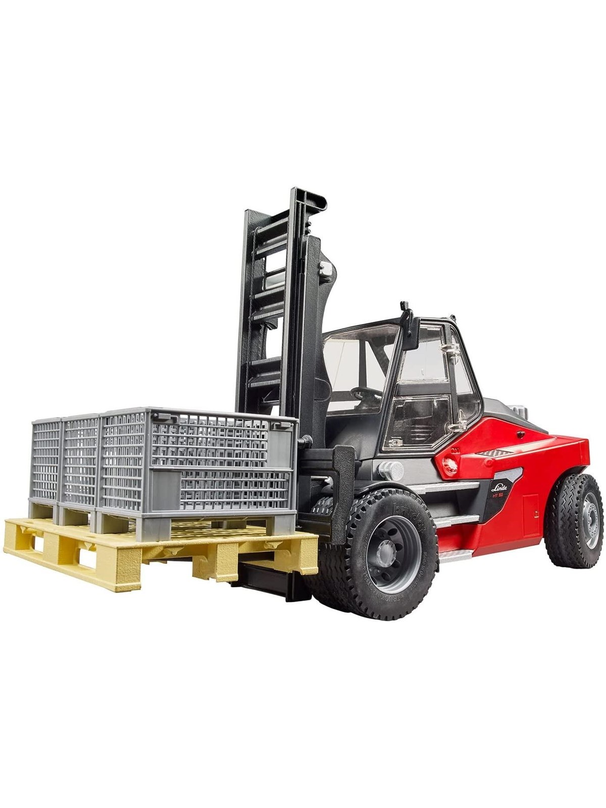 Bruder Linde HT160 Fork Lift with pallet and 3 pallet cages