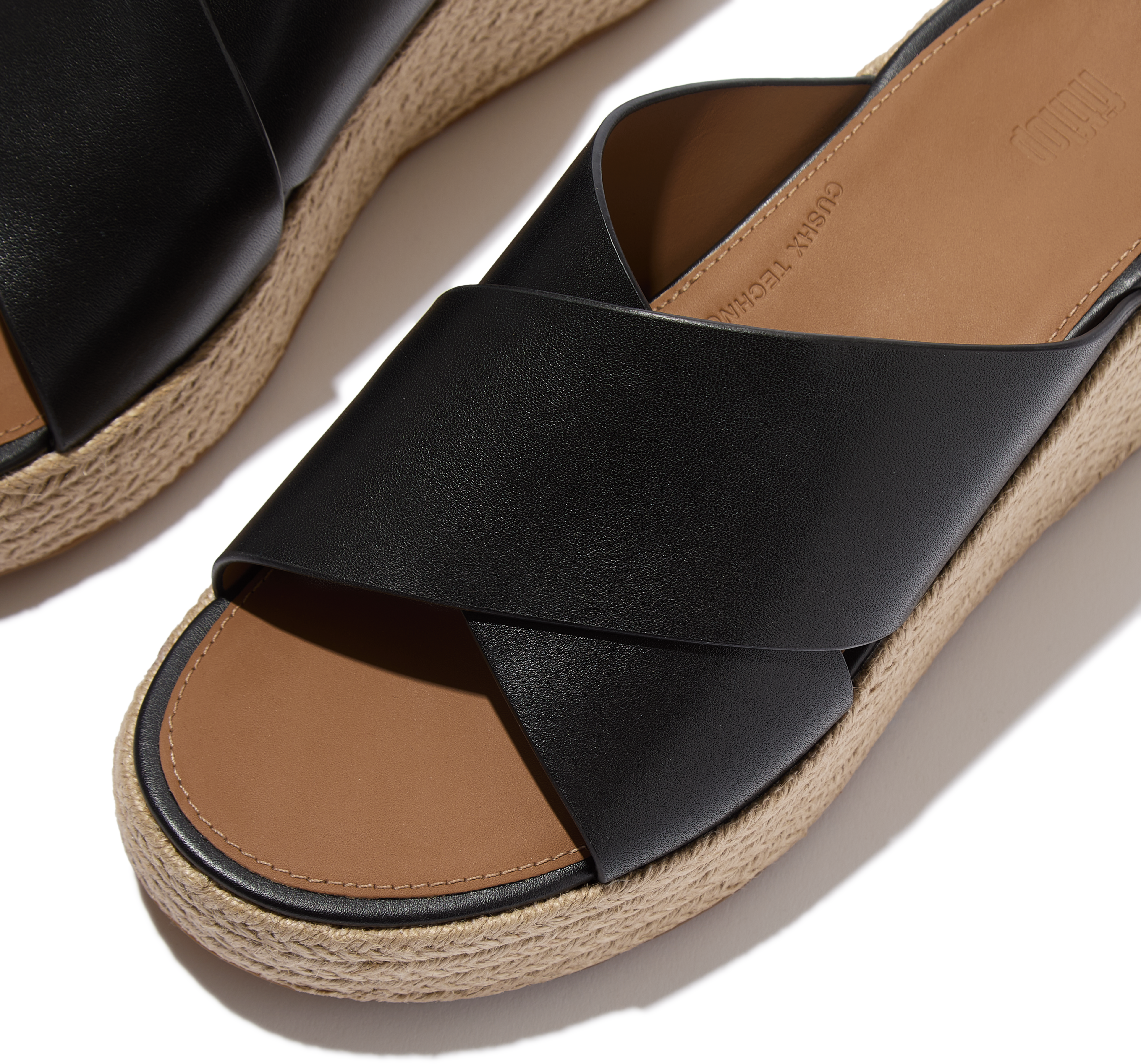 Pantolette FITFLOP "PLATFFORMS ESPADRILLE LEATHER WEDGE CROSS SLIDES", Damen, Gr. 38, Leder, schwarz, Schuhe Pantolette, Keilabsatz, Plateau, Sommerschuh mit Wedge schwarz 38, Leder