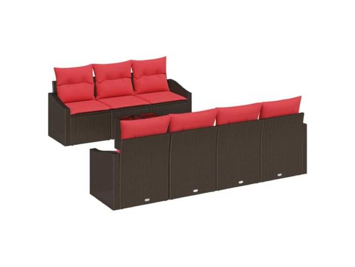 ZQQLVOO Sofa Set 8 STK 3-Sitzanzahl Braun und Rot Poly Rattan Abnehmbare Sitzkissen mit Reißverschluss, Temperglas Tischplatte, Schaumstoffkissen, modulares Layout, pulverbeschichteter