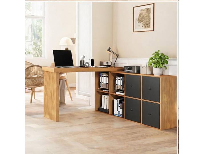 Bureau modulable L ou droit avec plateau rotatif 360° MDF noir et chêne 4 tiroirs