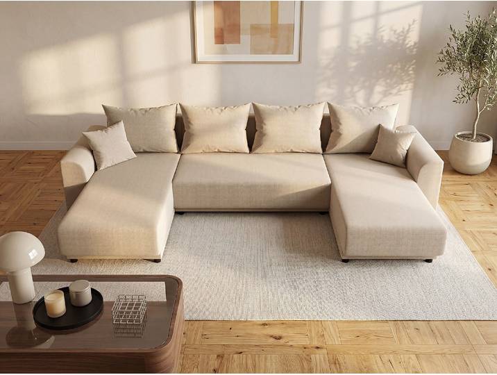 Wohnlandschaft mit Schlaffunktion - Stoff - Beige - NESSARO