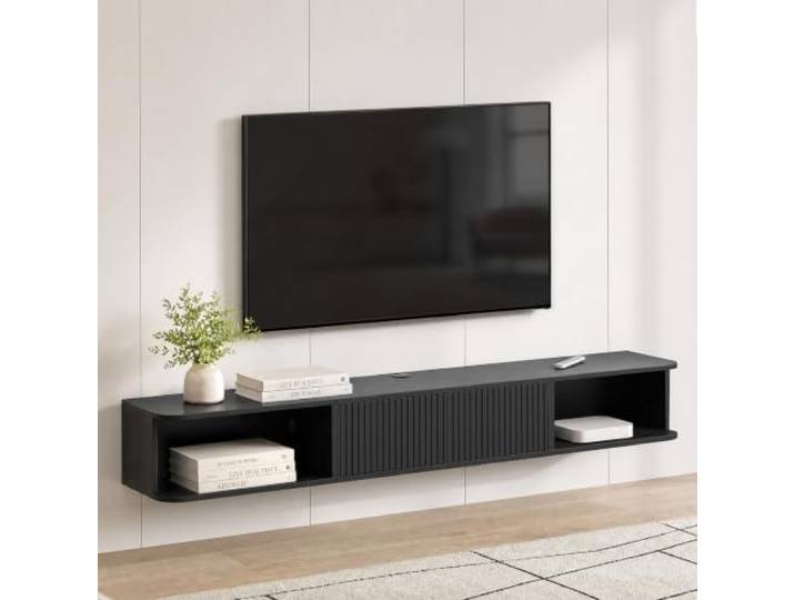 TV Schrank hängend, schwebendes TV-Regal, Fernsehschrank mit Kabelloch Stauraum für DVD-Player Kabelbox Spielekonsole, Hängeschrank, TV Board für Wohnzimmer, Esszimmer, Schlafzimmer, 178cm Schwarz
