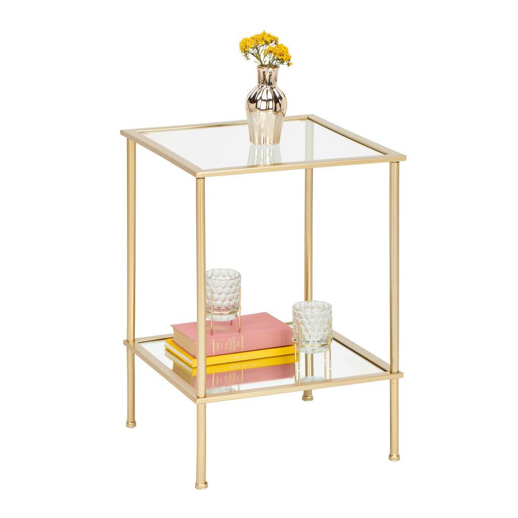 Beistelltisch , Goldfarben , Metall, Glas , quadratisch , Rundrohr , 39x55x39 cm , Wohnzimmer, Wohnzimmertische, Beistelltisch, Beistelltische Metall
