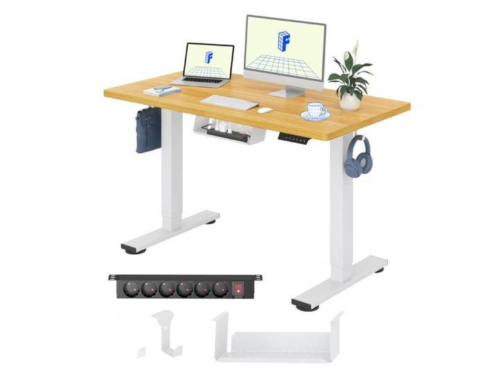 FlexiSpot Bureau Assis-Debout Électrique 120x60cm avec Multiprise Étagère de Bureau et Crochet Plateau d'une Pièce Maple