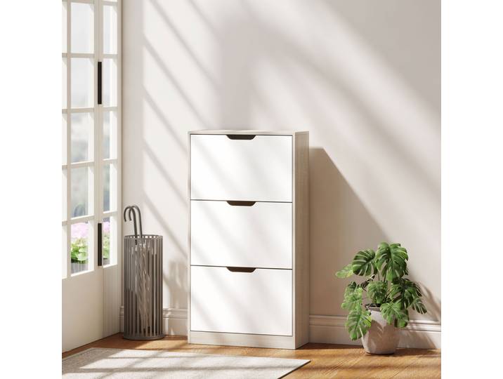 HOMCOM Meuble à Chaussures 3 Portes 18 Paires Chêne Blanc